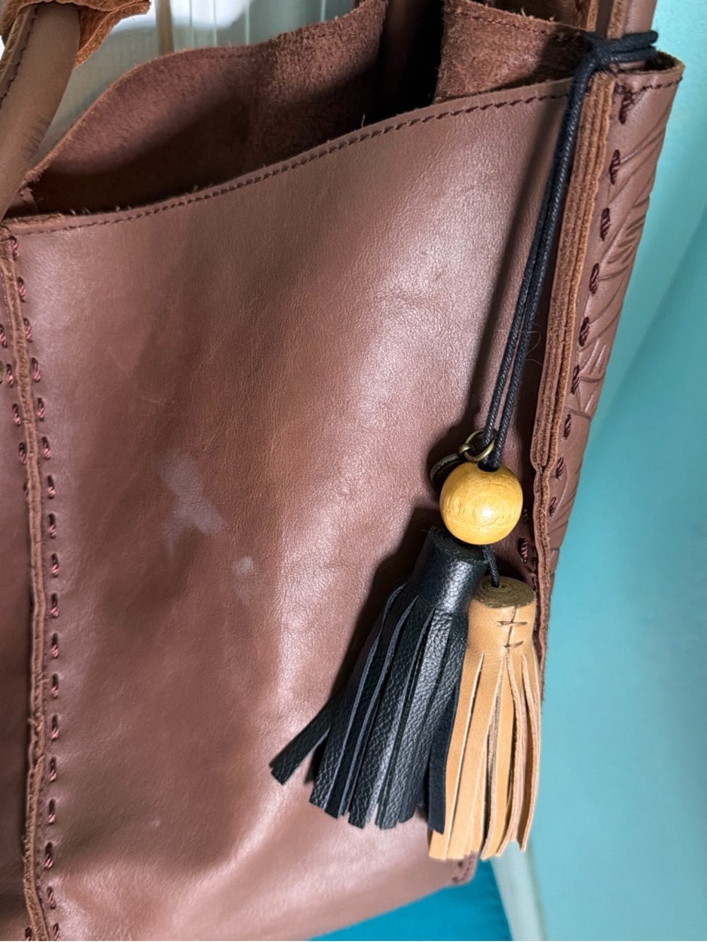 The Sak Los Feliz Large Brown Leather Tote Bag with Tassel Embossed - Picture 6 of 7